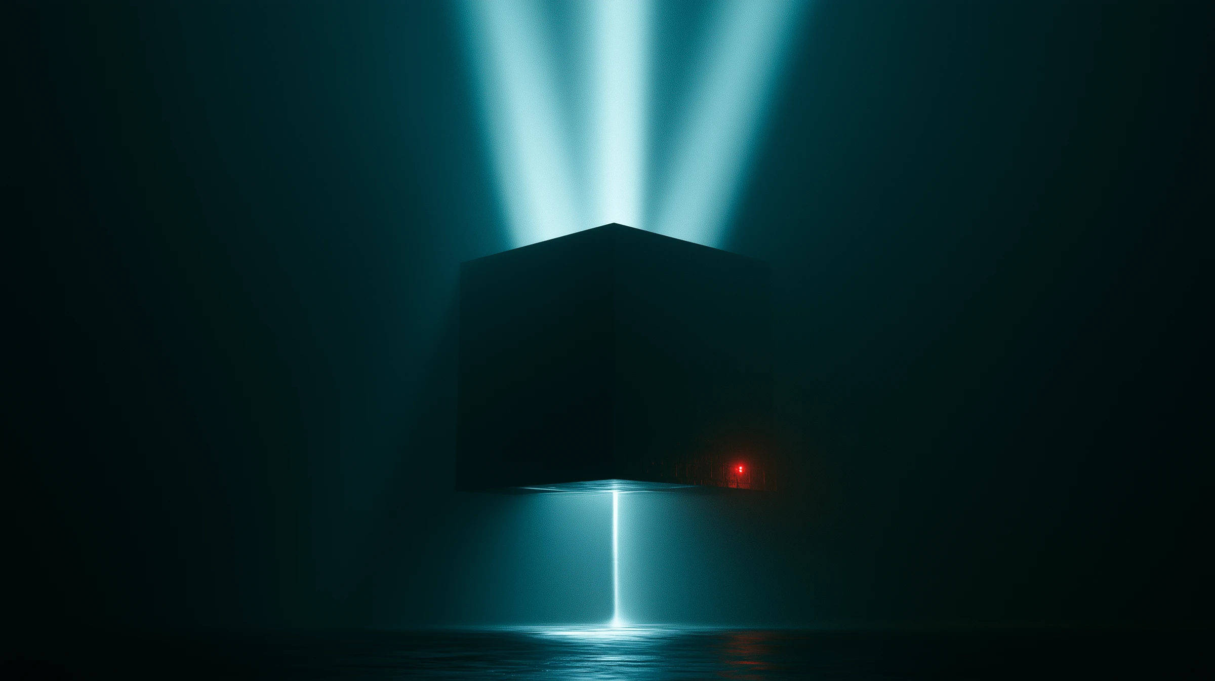 Dark monolithic cube in a deep void, three wide cyan beams pouring into its top while a single thin thread of light escapes from its base beside a small red indicator, a visual metaphor for merge debt, parallel agent work forced through a single landing point
