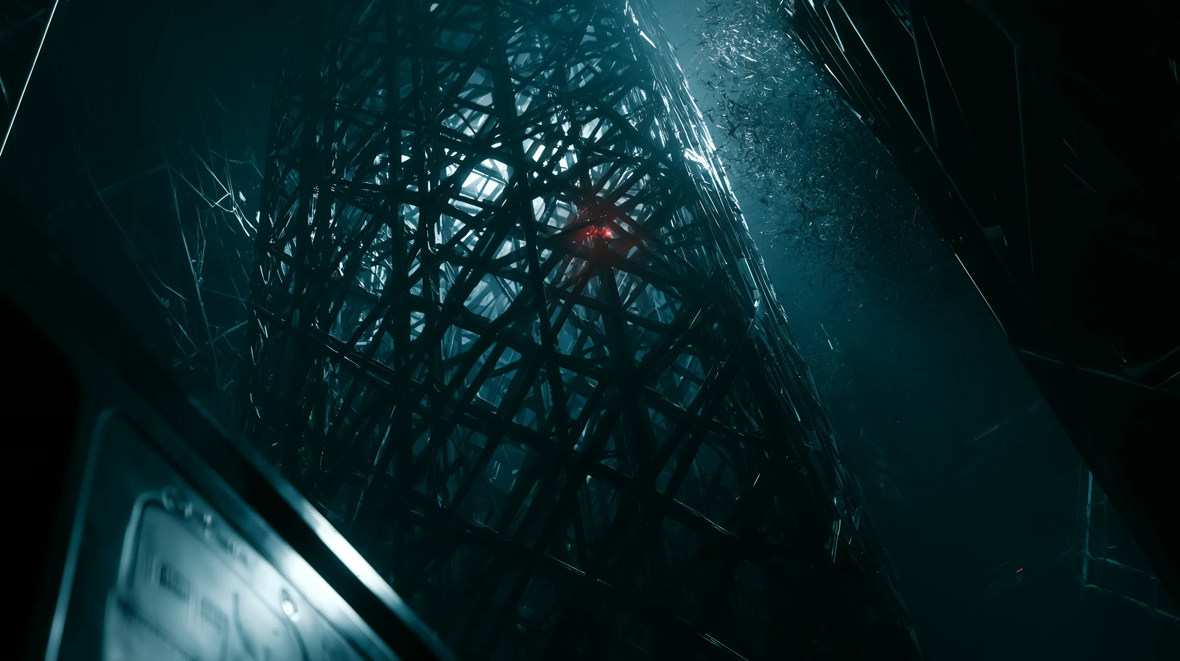 Cyan-lit steel lattice with a red fault inside, mutation testing